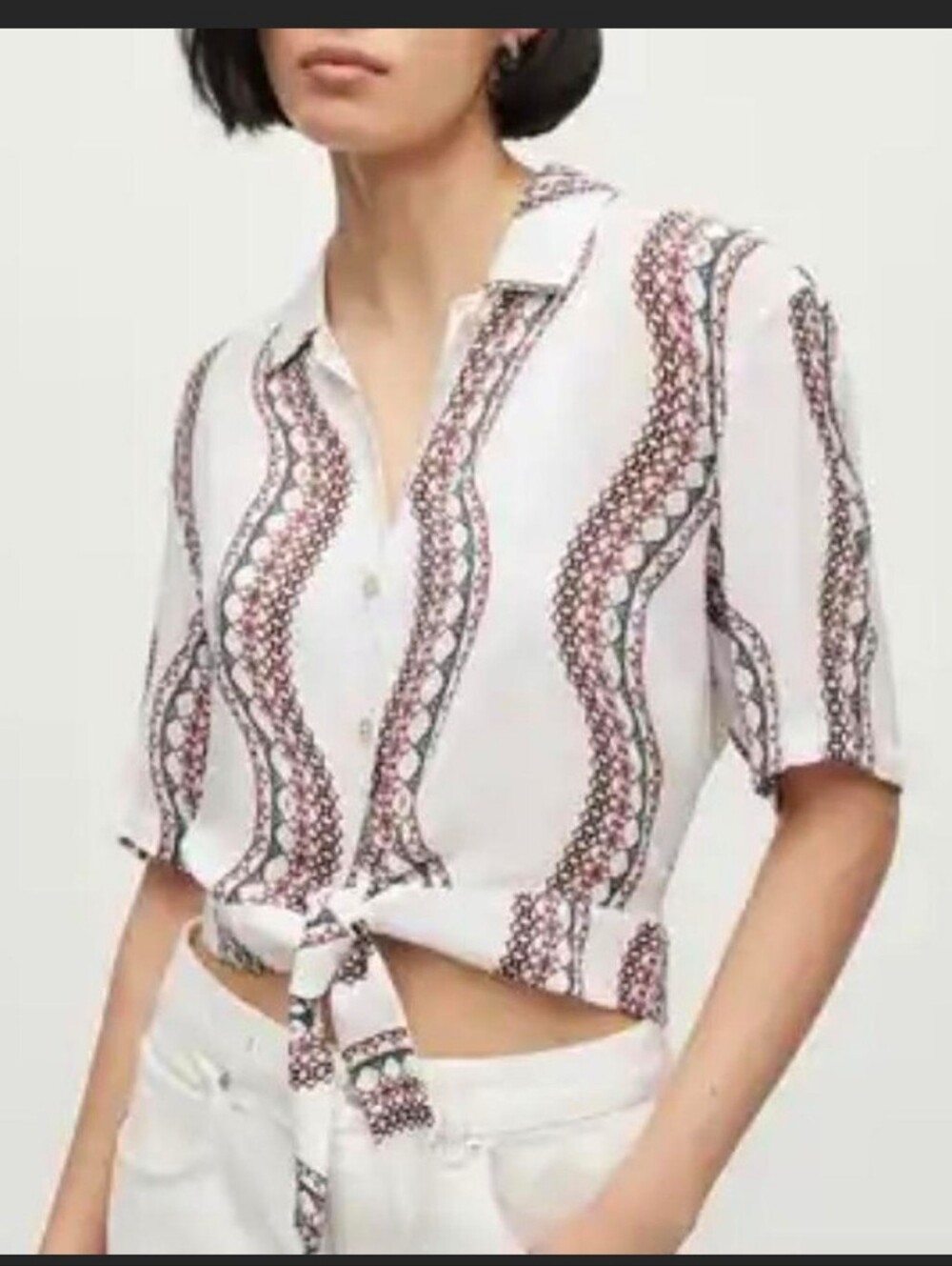 AllSaints Leni Leticia Tie Front Crop Shirt US 6 Geometric Printed Viscose Top